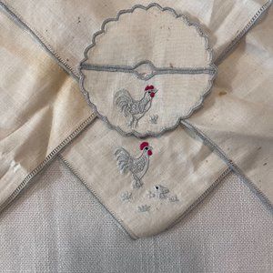 Vintage 1950's Rooster Linen Stemware Coaster Slippers with Napkins (Set of 6)